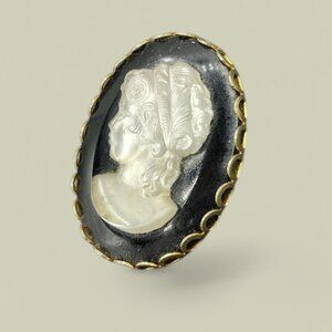 Vintage 1960s Satin Glass Cameo on Black Glass Base Scarf Clip Gold Tone Bezel